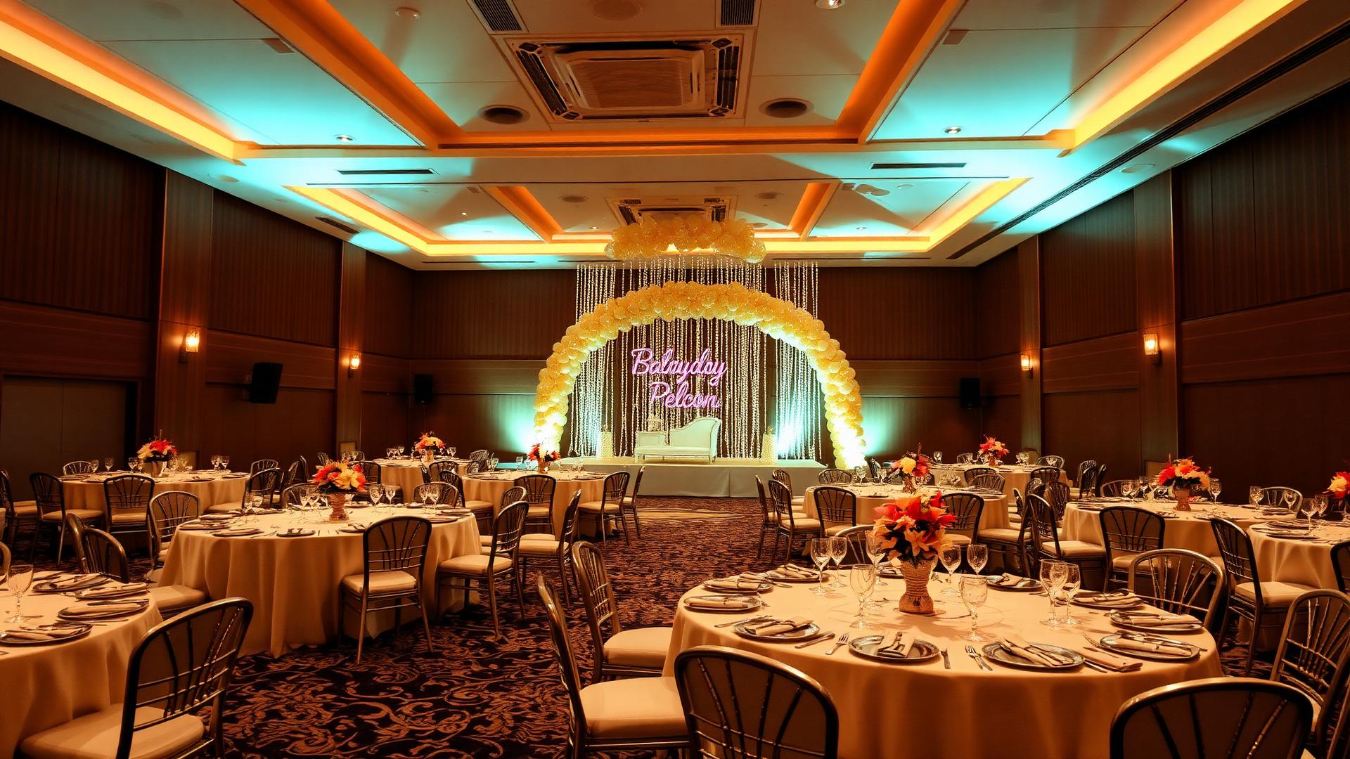 Decorated banquet hall set for a celebration